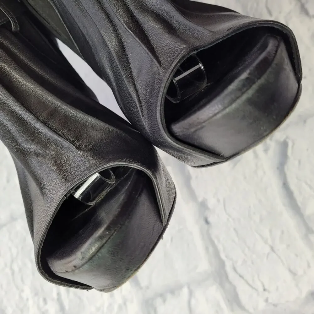 Jenni Kayne Black Suede & Leather Pleated Ankle Peep Toe Boots size 38